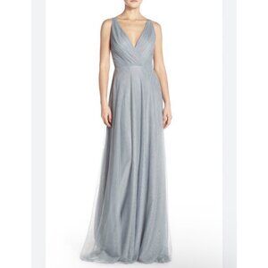 Monique Lhuillier Bridesmaids Sea Back Cutout Pleat Tulle Gown Sz 16